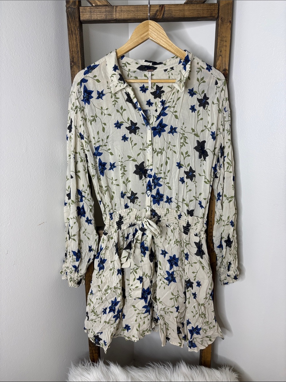 Free People | Dresses | Free People Cream Buttonfront Floral Dress With Blue Flowers Size M